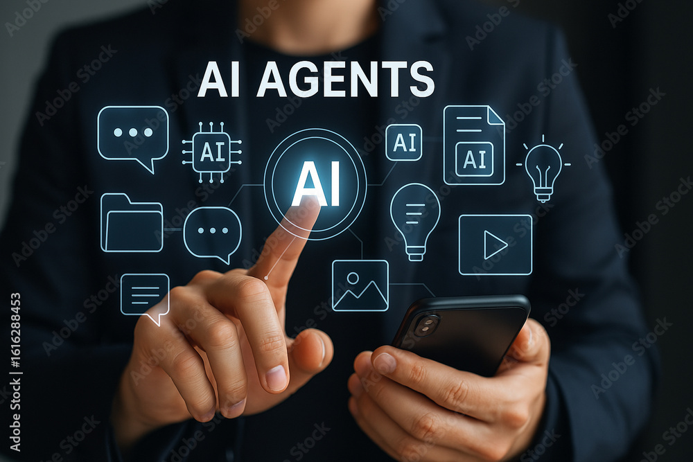 Poster futuristic ai agents interface interaction with holographic icons, smartphone usage, glowing button,