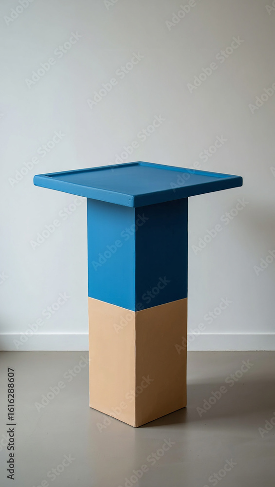 Aufkleber a modern twotone display stand with a blue square top and a beige rectangular base, positioned again
