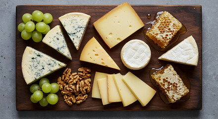 Gourmet Cheese Board Assorted Artisanal Cheeses, Fresh Grapes, Walnuts, Golden Honeycomb. Ideal for Elegant Appetizers, Sophisticated Entertaining and Wine Pairing.