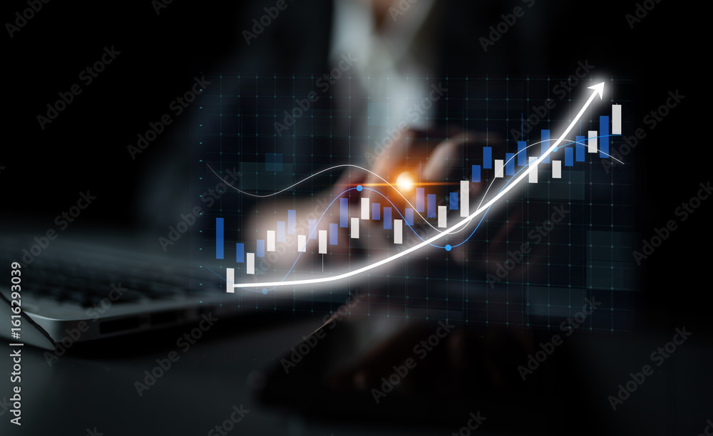 Poster a business professional analyzes financial data on a laptop while observing growth trends displayed 
