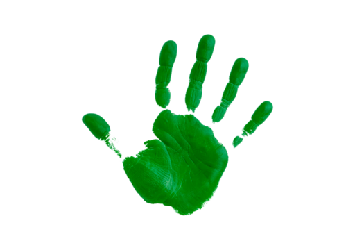 Vibrant green handprint emphasizing textural detail and contrast on transparent background, PNG