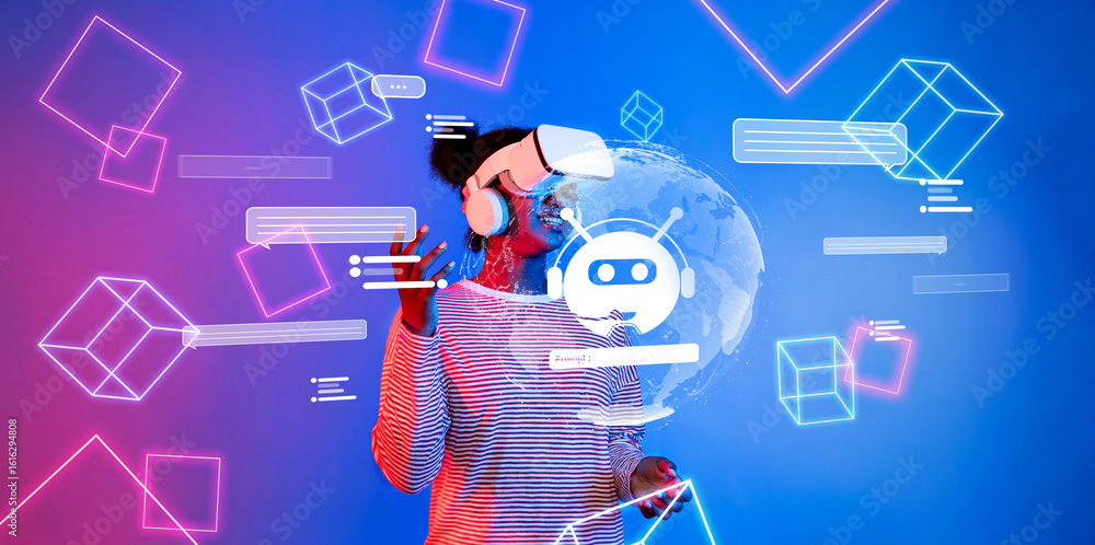 Poster a dynamic representation of a user engaging with a virtual assistant in a futuristic environment, sh
