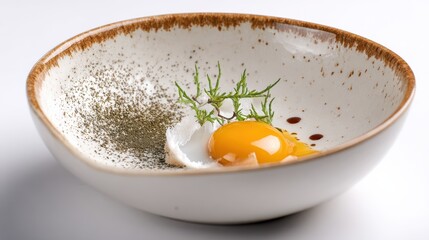 Raw egg yolk with herb garnish in modern ceramic bowl, culinary delights