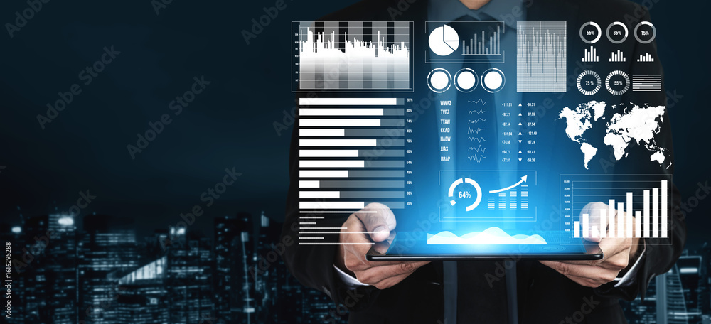 Poster a businessman stands in a dark urban environment, analyzing data on a digital dashboard displaying v