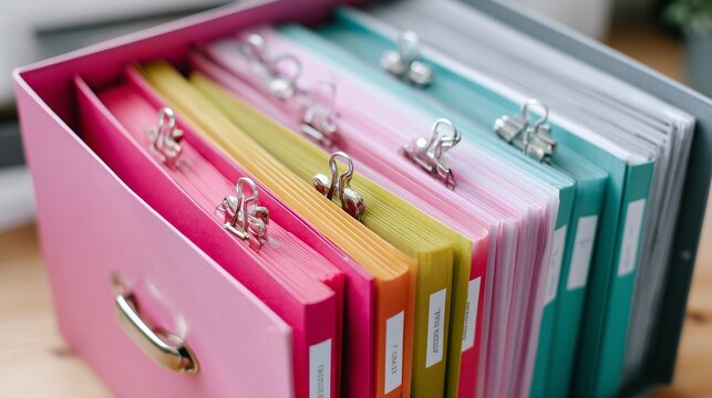 Organized binder collection featuring colorful folders on a desk during daytime