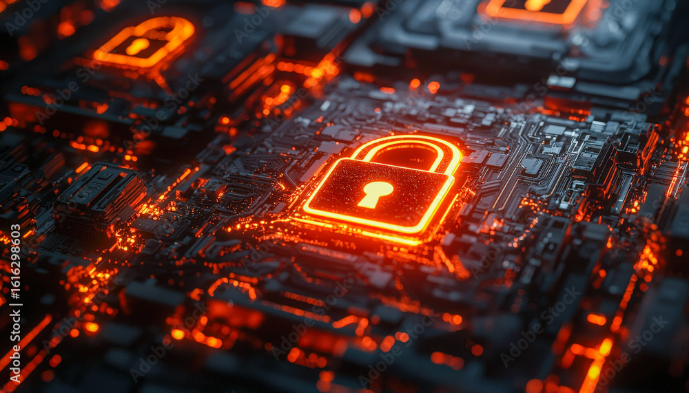 Poster digital security concept with glowing padlock on circuit board
