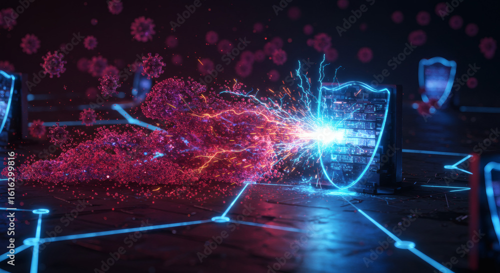 Poster digital firewall shield protecting a network from a virulent cyberattack. a conceptual illustration 