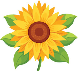 A vibrant cartoon sunflower with green leaves, isolated vector illustration