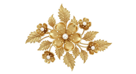 Golden floral brooch with pearls, isolated on transparent background