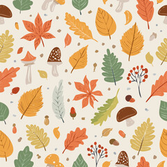 Fototapeta premium Autumn hand drawn leaves doodle seamless pattern. Fall leaves, acorn, chanterelle, chestnut, maple, raspberry, oak, ashberry. Trendy season print. Harvest time. Thanksgiving day. Vector illustration