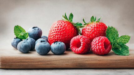 Fresh strawberries, blueberries and raspberries with mint leaves on a wooden board, minimal composition, soft natural light, photorealistic style, healthy organic food concept.