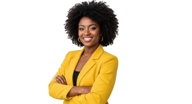 Smiling african american woman in yellow blazer with arms crossed, isolated on transparent background - Powered by Adobe