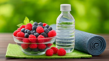 Fresh berries in a clear glass bowl with a sports mat and water bottle in the background, vibrant colors, healthy lifestyle concept, photorealistic style.