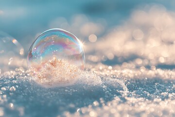 A shimmering iridescent soap bubble rests delicately on a bed of sparkling snow crystals in a serene winter scene.
