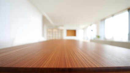 Obraz premium Empty Wooden Table Top with a Bright, Blurred Modern Office Background for Product Montage. 