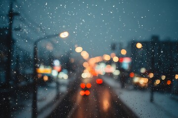 A blurred view of a city street at night with snow falling, creating a moody and atmospheric winter scene.