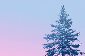 A serene winter landscape featuring a snow-covered pine tree against a soft pastel gradient sky, evoking a sense of calm.