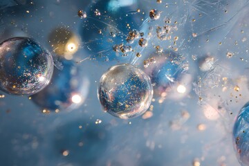 A mesmerizing macro shot of glittering spheres and water droplets, creating a dreamy and ethereal abstract composition with cool blue tones.