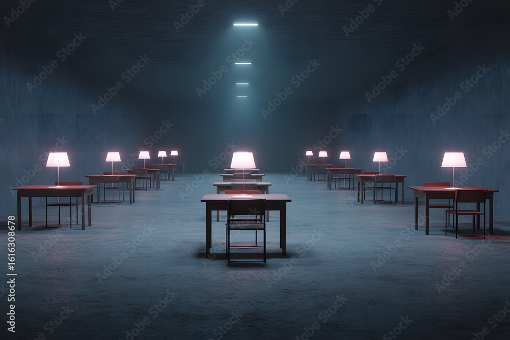 Poster dimly lit room featuring multiple tables with lamps, creating an atmospheric setting, highlighting s