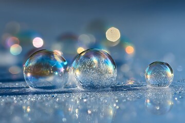 A macro shot of iridescent soap bubbles with frozen ice crystals, creating a dreamy and ethereal atmosphere with a cool, blue color palette.