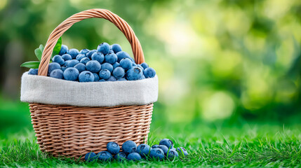 Blueberries in a woven basket on grass, rustic style, natural colors, soft morning light, eco concept, photorealistic style.