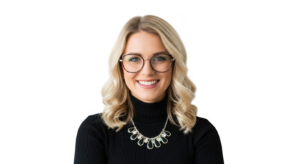 Smiling woman with glasses and necklace, isolated on transparent background