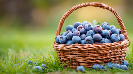 Blueberries in a woven basket on grass, rustic style, natural colors, soft morning light, eco concept, photorealistic style.