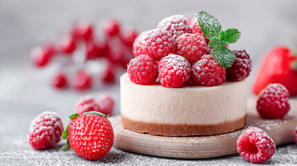 Cheesecake decorated with fresh blueberries and sprinkled with powdered sugar, elegant serving of dessert, gourmet dish concept, photorealistic style.