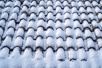 A close-up view of a roof covered in snow, showcasing the texture and pattern of the tiles in winter.