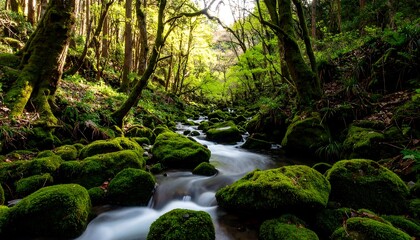 A mossy stream flowing through a lush forest