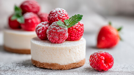 Cheesecake decorated with fresh blueberries and sprinkled with powdered sugar, elegant serving of dessert, gourmet dish concept, photorealistic style.