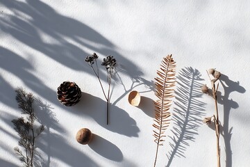 A minimalist still life featuring dried botanical elements arranged on a white background with soft shadows and neutral tones, creating a calm and elegant aesthetic.