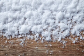A close-up shot of fresh, white snow resting on a textured wooden surface, capturing the essence of winter.