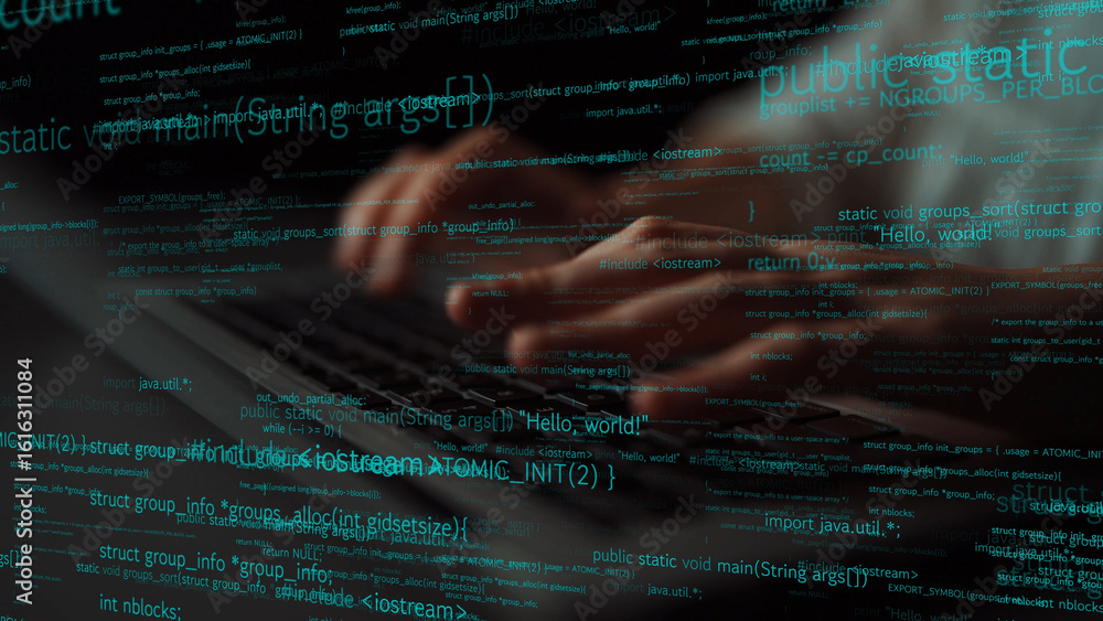 Poster close-up of hands typing on a keyboard with an overlay of digital code, illustrating the concepts of
