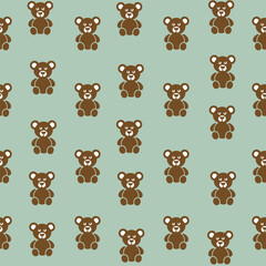 A charming pattern featuring cute brown teddy bears arranged in a playful layout on a soft mint green background. This delightful design is perfect for children's products, nursery decor, gift.
