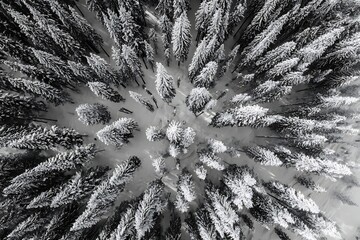 A monochrome aerial view of a snow-covered forest, showcasing the serene beauty and geometric patterns of nature in winter.