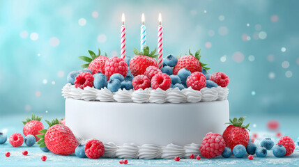 Festive cake with berries and candles, bright celebration atmosphere, elegant dessert presentation.