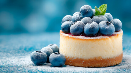 Cheesecake decorated with fresh blueberries and sprinkled with powdered sugar, elegant serving of dessert, gourmet dish concept, photorealistic style.