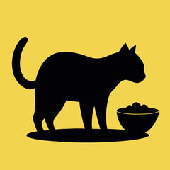 Cat Eating from Bowl in Domestic Pet Silhouette Illustration