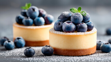 Cheesecake decorated with fresh blueberries and sprinkled with powdered sugar, elegant serving of dessert, gourmet dish concept, photorealistic style.