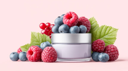 Jar of cosmetic cream with berry extract and fresh berries on a clean minimal background, natural skincare concept, photorealistic style.