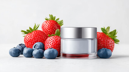 Jar of cosmetic cream with berry extract and fresh berries on a clean minimal background, natural skincare concept, photorealistic style.