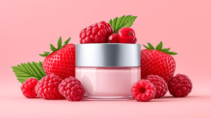 Jar of cosmetic cream with berry extract and fresh berries on a clean minimal background, natural skincare concept, photorealistic style.