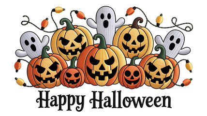 Obraz premium spooky vibes banner design with halloween pumpkin face with ghost and halloween style lights and theme embroidery design, created with generative ai