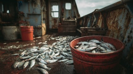 Rusty fishing boat deck, fish piled