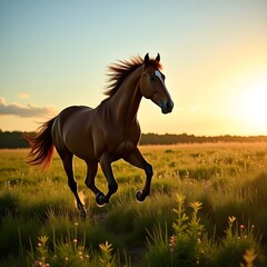 Fototapeta premium Majestic Horse Galloping Across a Golden Field at Sunset