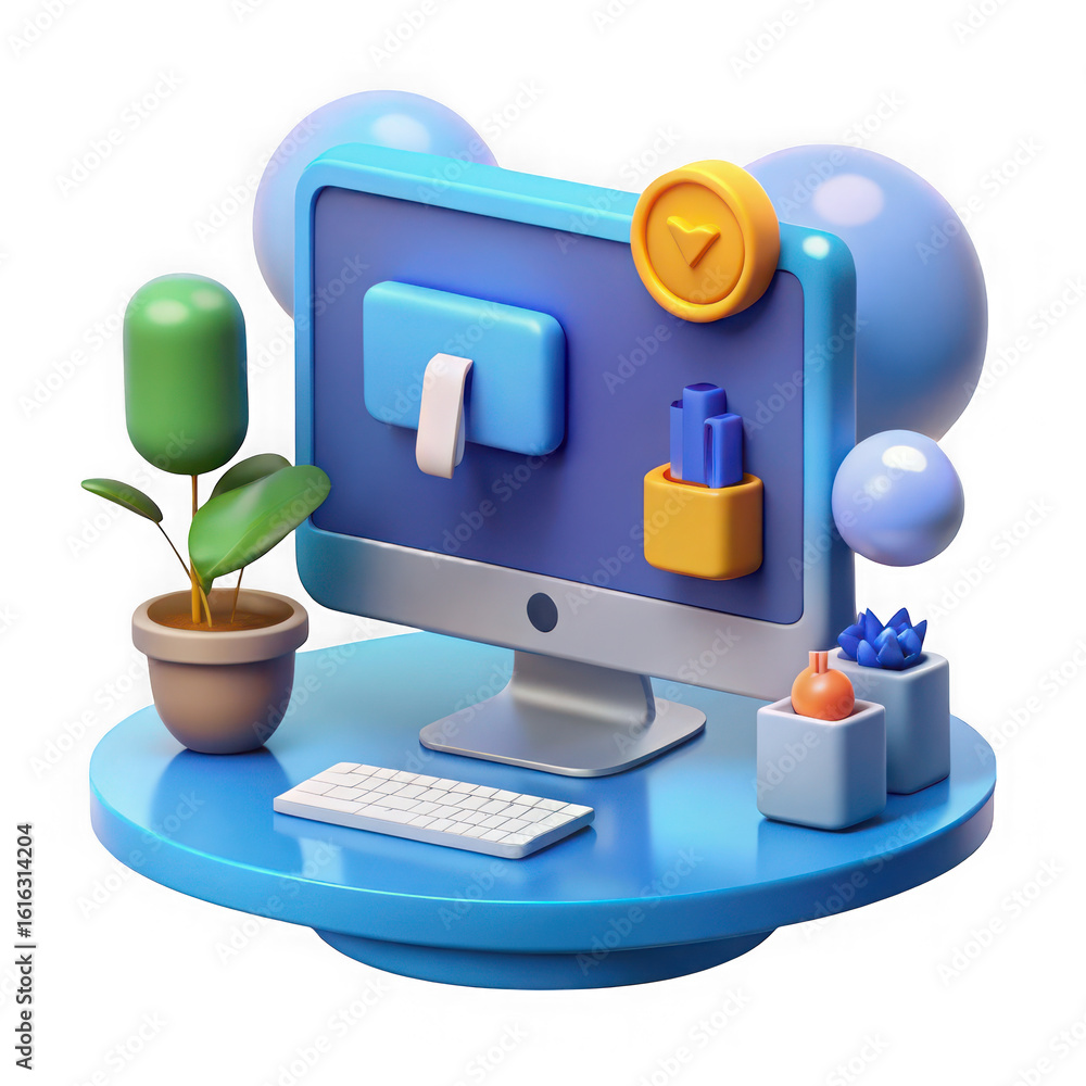 Poster 3d illustration of a 3d illustration of a desktop computer with a keyboard and a potted plant on a b