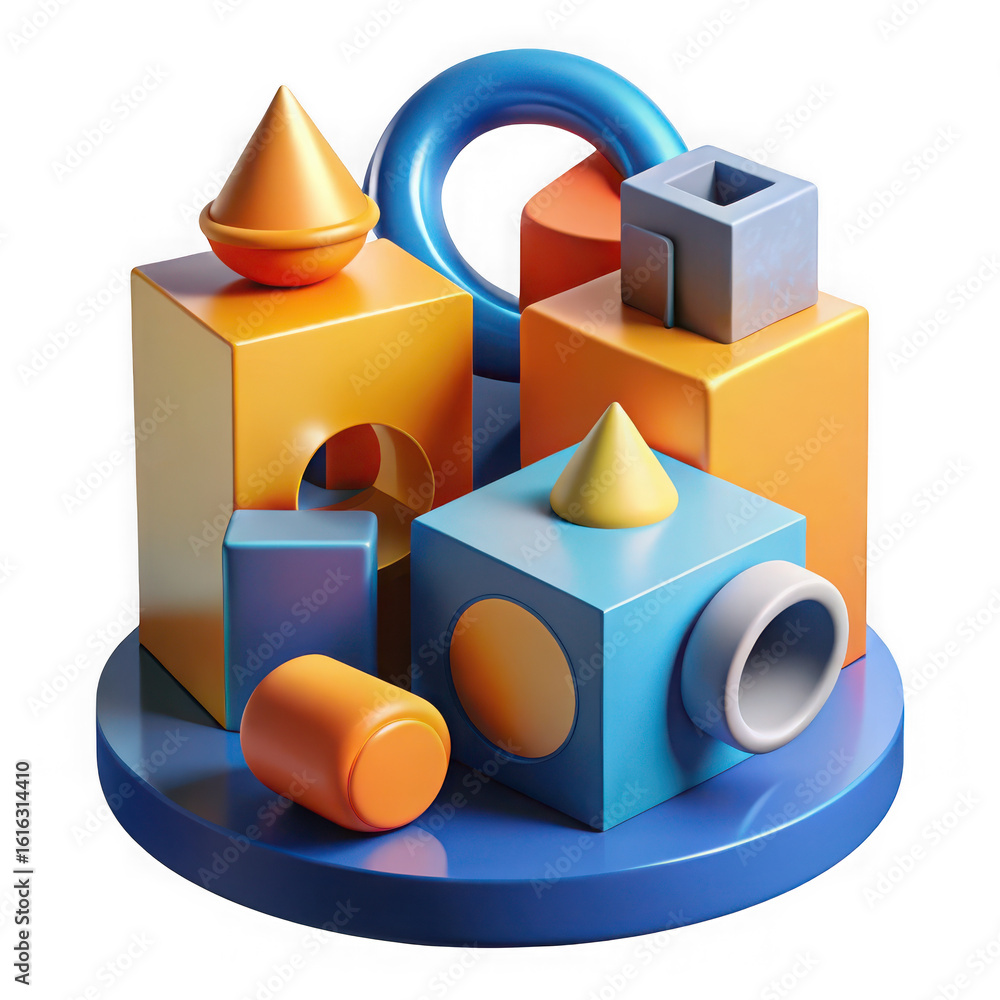 Poster 3d illustration of a collection of colorful geometric shapes arranged in a playful and modern compos