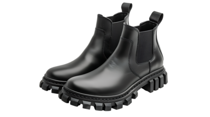 Stylish pair of black leather chelsea boots isolated on transparent background, perfect for adding a touch of style to any outfit, ideal for the modern man who appreciates quality and craftsmanship
