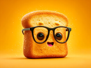 Cute animated bread slice with glasses and a cheerful expression on a vibrant yellow background
